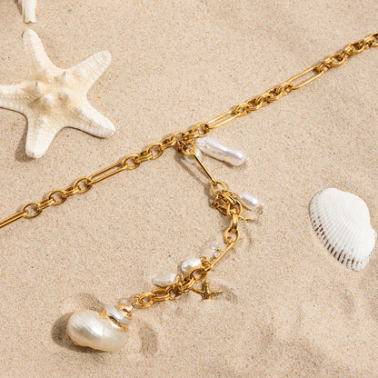 Luckacco Zora Ocean Holiday Style Conch Pendant Acrylic Pearl Y Chain 18K Gold-plated Stainless Steel Handmade Chain Women's Jewelry