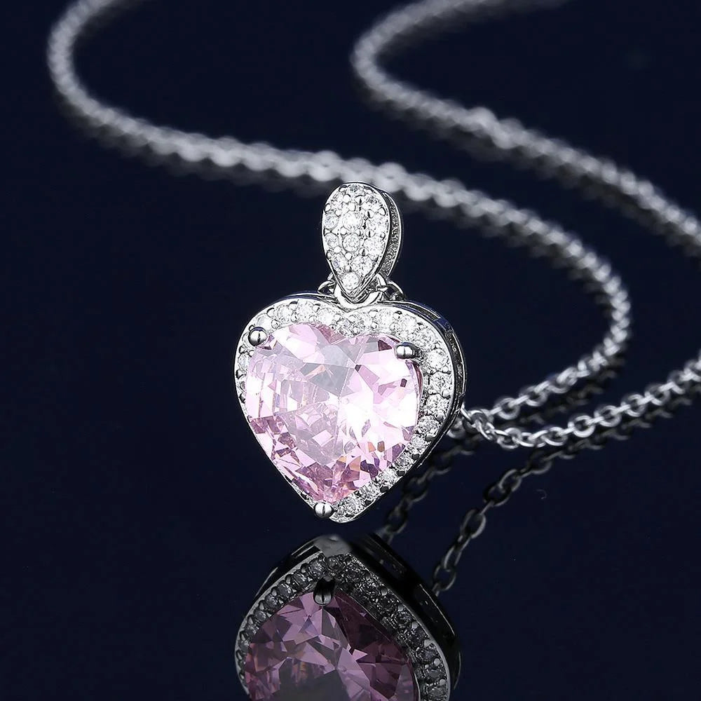 luckacco 925 sterling silver jewelry set heart shape pink crystal zircon necklace earrings ring women's elegant jewelry