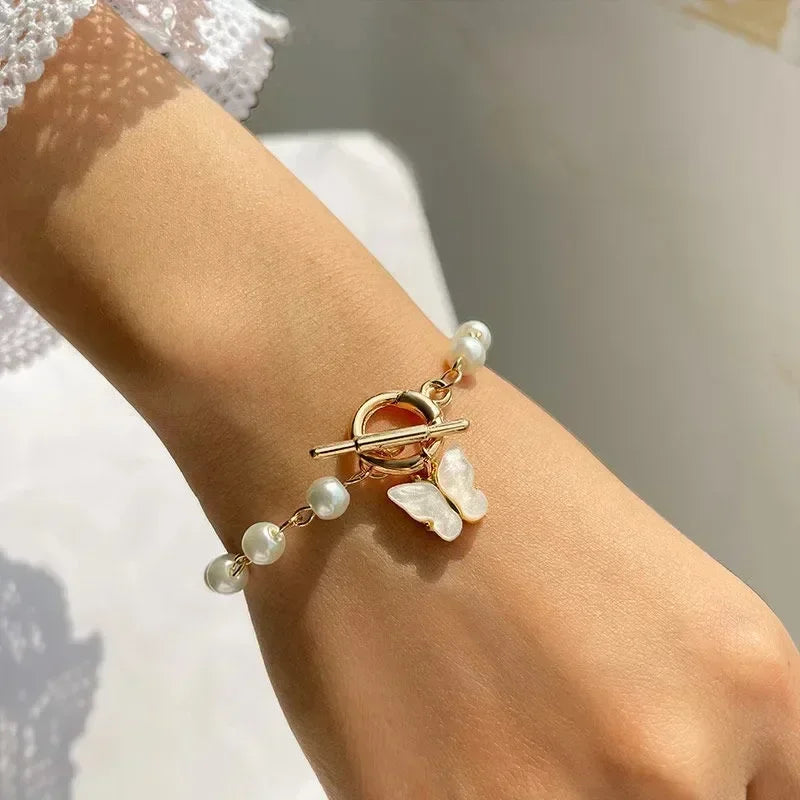 luckacco pulseras fashion butterfly pearl pendant bracelet ladies girl trend charm bracelet festive friendship birthday jewelry bracelets