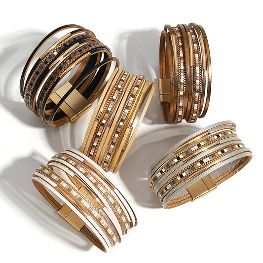 Luckacco ALLYES Trendy Colorful Square Leather Bracelet for Women Men Boho Metal Tube Multilayer Wrap Wide Bracelets Charm Party Jewelry
