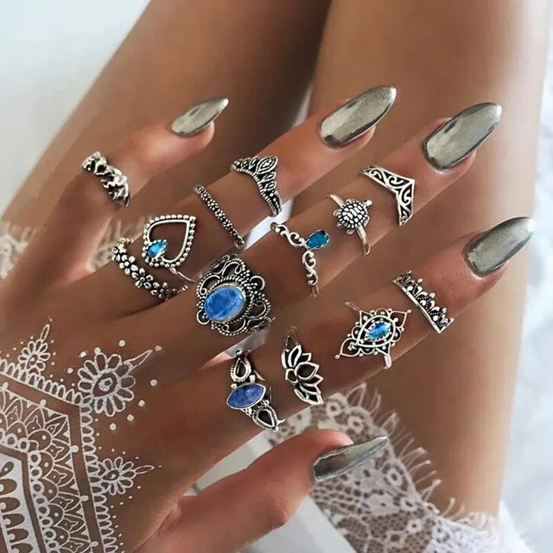 luckacco 13pcs/set vintage carved hollow flower crown love rings for women trendy 2024 retro exquisite fringer rings party jewelry gift