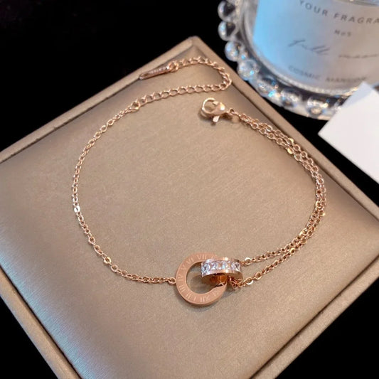 Luckacco Personality Roman Numeral Double Ring Cross Zircon Bracelet for Women Korea Fashion Gold Color Stainless Steel Bangle Jewelry