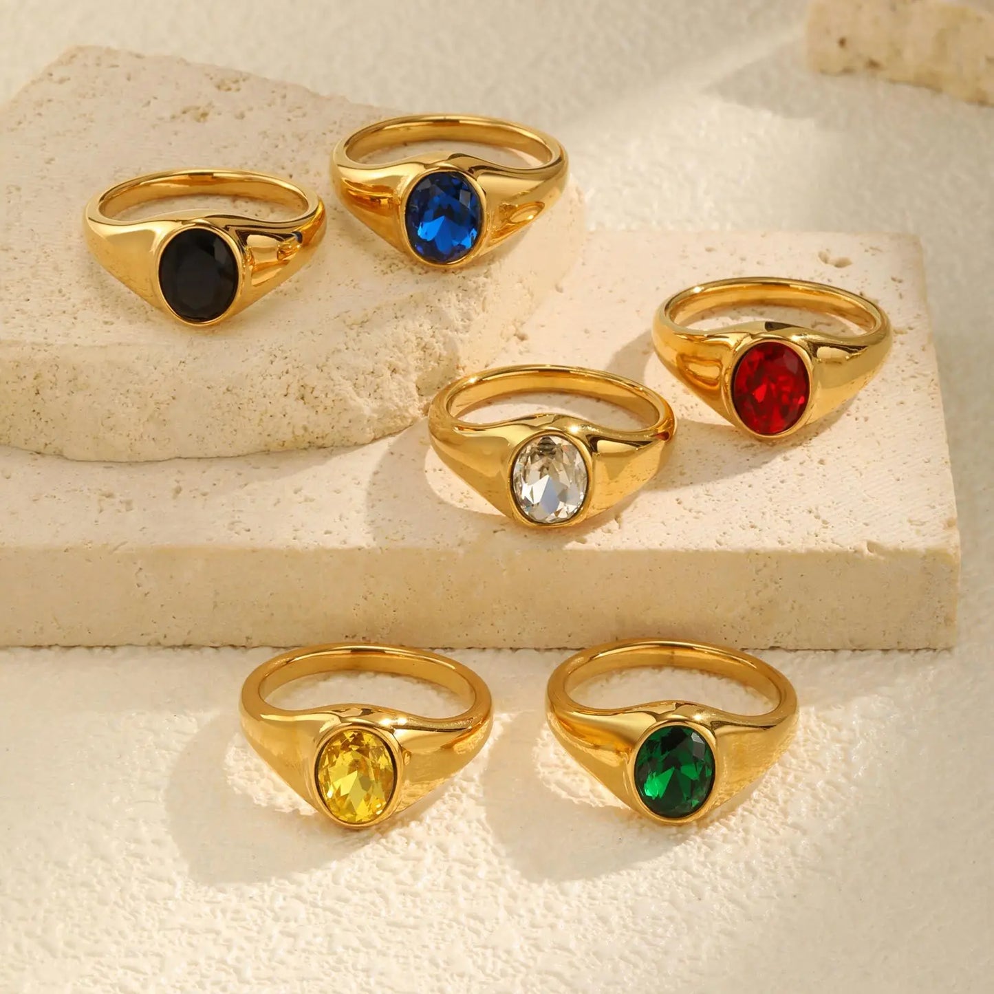 luckacco colorful zircon seal ring for women, 316l stainless steel green black blue red white cz rings, gold plated engagement jewelry