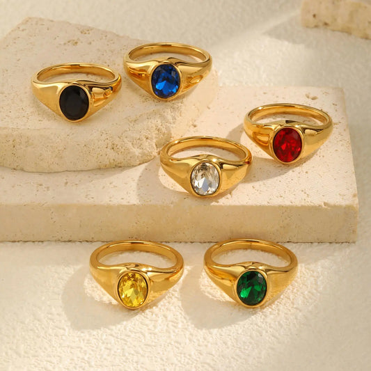 Luckacco Colorful Zircon Seal Ring For Women, 316L Stainless Steel Green Black Blue Red White CZ Rings, Gold Plated Engagement Jewelry