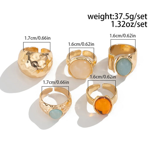 Luckacco Vintage Chic Geometric Stone Inlaid Ring Set for Women Simple Chunky Gold Color Geometric Rings Daily Wear Party Jewelry Gifts