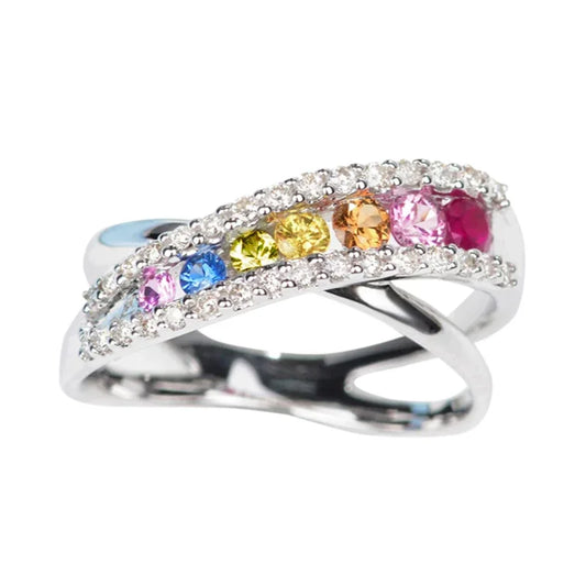 Luckacco Rainbow Cubic Zirconia Cross Rings for Women Newly Designed Wedding Engagement Accessories Silver Color Trendy Jewelry