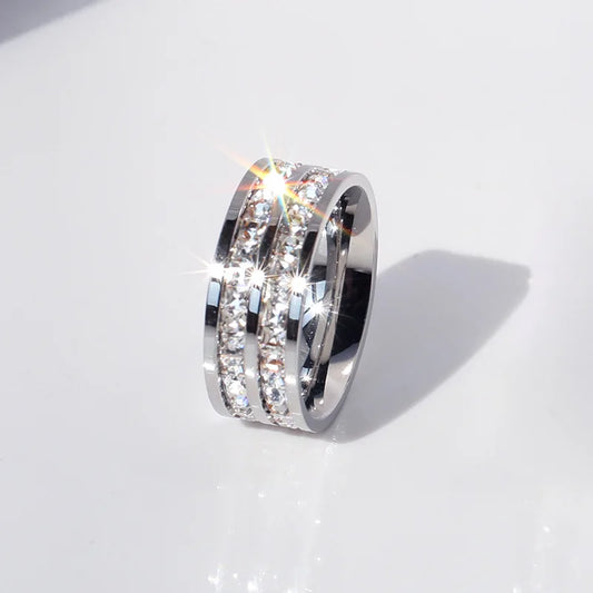 Luckacco Clear White Stones Wedding Women Ring Stainless Steel 1 and 2 Rows Bling Zircon Fashion Pair Ring Female Jewelry