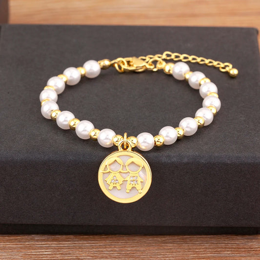Luckacco Nidin High Quality Round Shape Girl Boy Pearl Beads Zircon Hand Bracelets For Female Son Daughter Cute Jewelry Mother's Day Gift