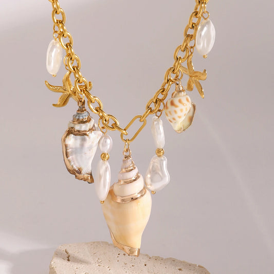 Luckacco Youthway-Collier Bohème en Acier Inoxydable pour Femme, Grande Perle Imperméable, Pendentif Conque Étoile de Mer, Bijoux de Plage Océan