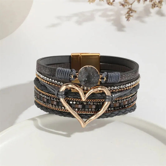 Luckacco New Metal Love Heart Charm Leather Bracelets for Women Fashion Bohemian Rhinestone Resin Wrap Bracelet Bangle Couple Jewelry