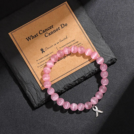 Luckacco Handmade Cat Eye Stone Bracelet Opal Quartz Pink Ribbon Beads Charm Bracelets for Women Breast Cancer Awareness Jewelry Gift