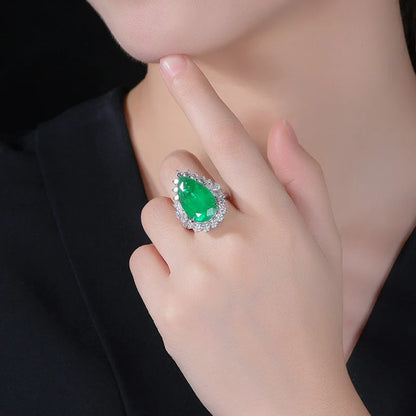 Luckacco Luxury Water Drop Lab Emerald Sapphire Open Ring Exquisite Silver 925 Banquet Finger Rings Valentine's Day Gifts