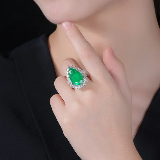 Luckacco Luxury Water Drop Lab Emerald Sapphire Open Ring Exquisite Silver 925 Banquet Finger Rings Valentine's Day Gifts