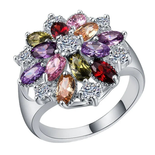 Luckacco Flower Collection ! Exquisite Colorful Cubic Zircon Flower Engagement Ring For Women Party Jewelry Hand Accessories Size 6-10