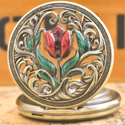 Luckacco Retro Bronze Steampunk Floral Carving Flip-Top Male And Female Student Gift Quartz Necklace Commemorative Pocket Watch
