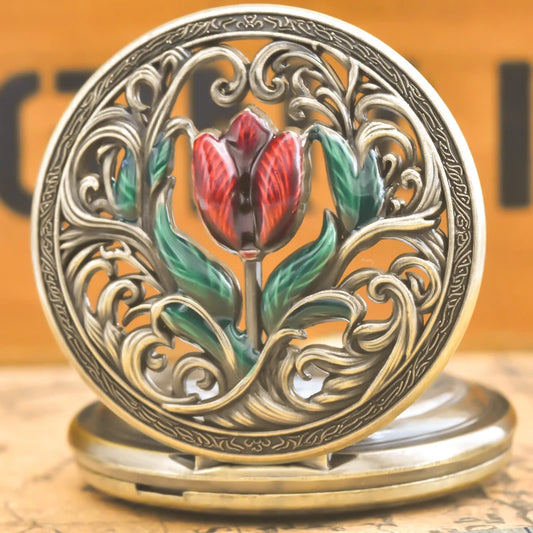 Luckacco Retro Bronze Steampunk Floral Carving Flip-Top Male And Female Student Gift Quartz Necklace Commemorative Pocket Watch
