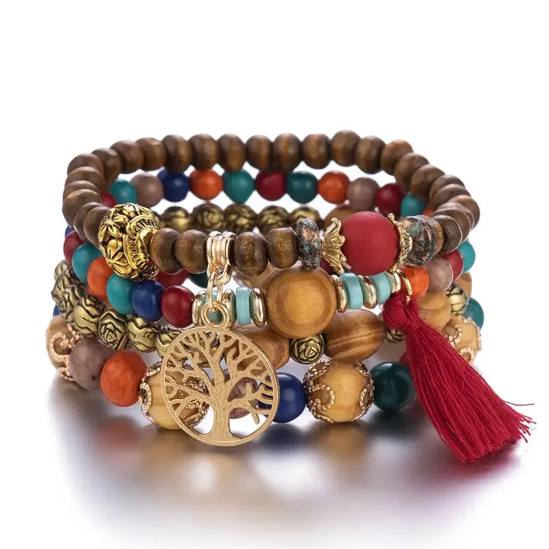 luckacco boho tree of life bracelet set for women fashion tassels charm wooden beads elastic chain bangle girl trendy party jewelry