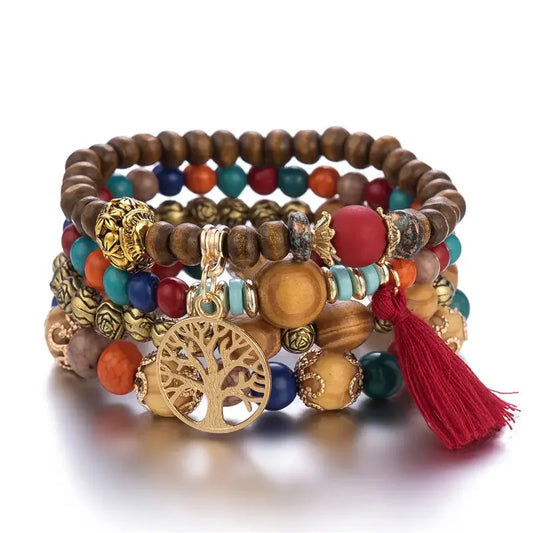 Luckacco Boho Tree Of Life Bracelet Set For Women Fashion Tassels Charm Wooden Beads Elastic Chain Bangle Girl Trendy Party Jewelry