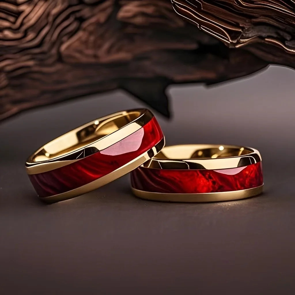 luckacco 8mm fashion men women red stainless steel rings unique wedding engagement band jewelry party unisex steel ring accessories