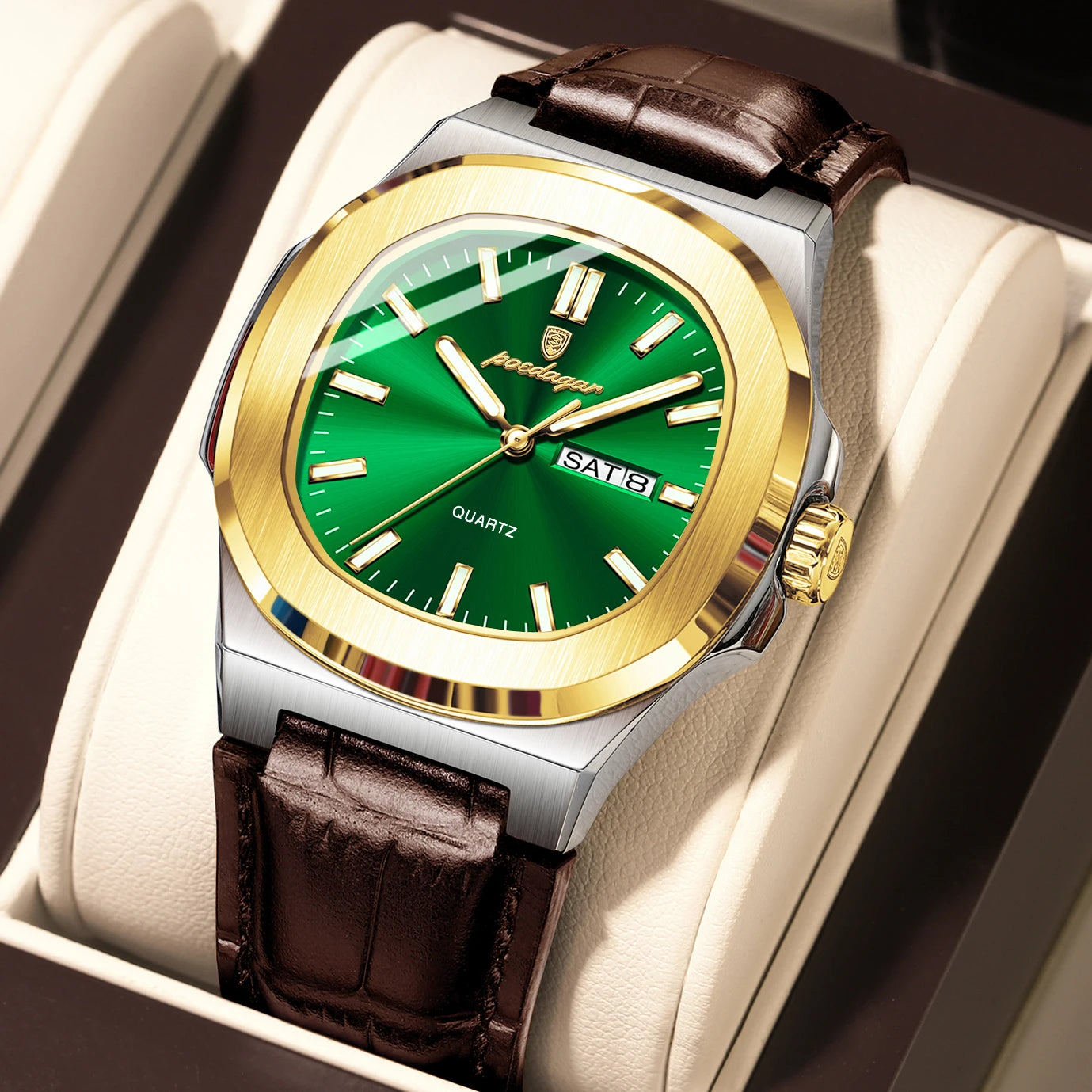 luckacco poedagar high quality watch for men luxury luminous waterproof week calendar man clock leather square men's quartz watches reloj