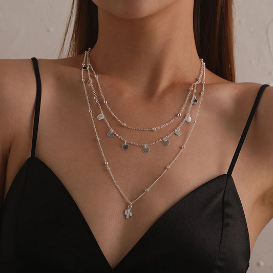 Luckacco New 925 Sterling Silver Triple Layer Necklace Plant Round Piece Choker Exquisite Clavicle Chain Send Women's Fine Accessories