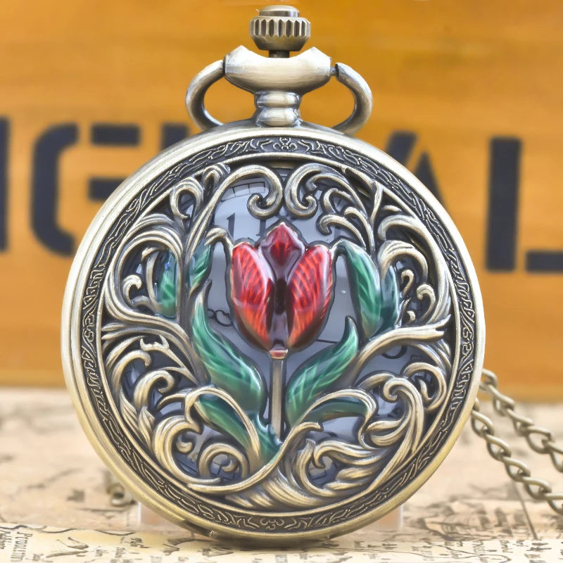 luckacco retro bronze steampunk floral carving flip-top male and female student gift quartz necklace commemorative pocket watch