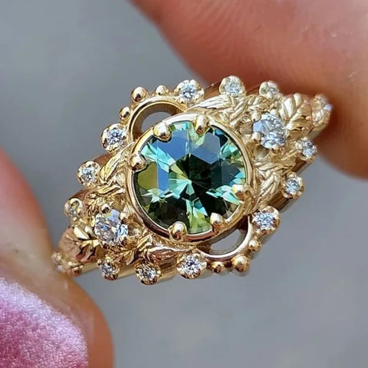 Luckacco Charm Gold Color Inlaid with Green White Stone Flower Leaf Rings Attractive Party Engagement Wedding Rings for Women Jewelry