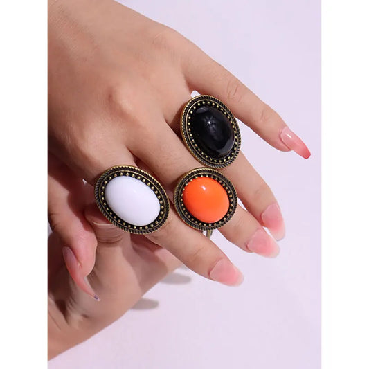 Luckacco Vintage Orange Color Black White Oval Resin Metal Rings for Women Girl Autumn Winter Elegant Jewelry Gift HUANZHI 2023 NEW