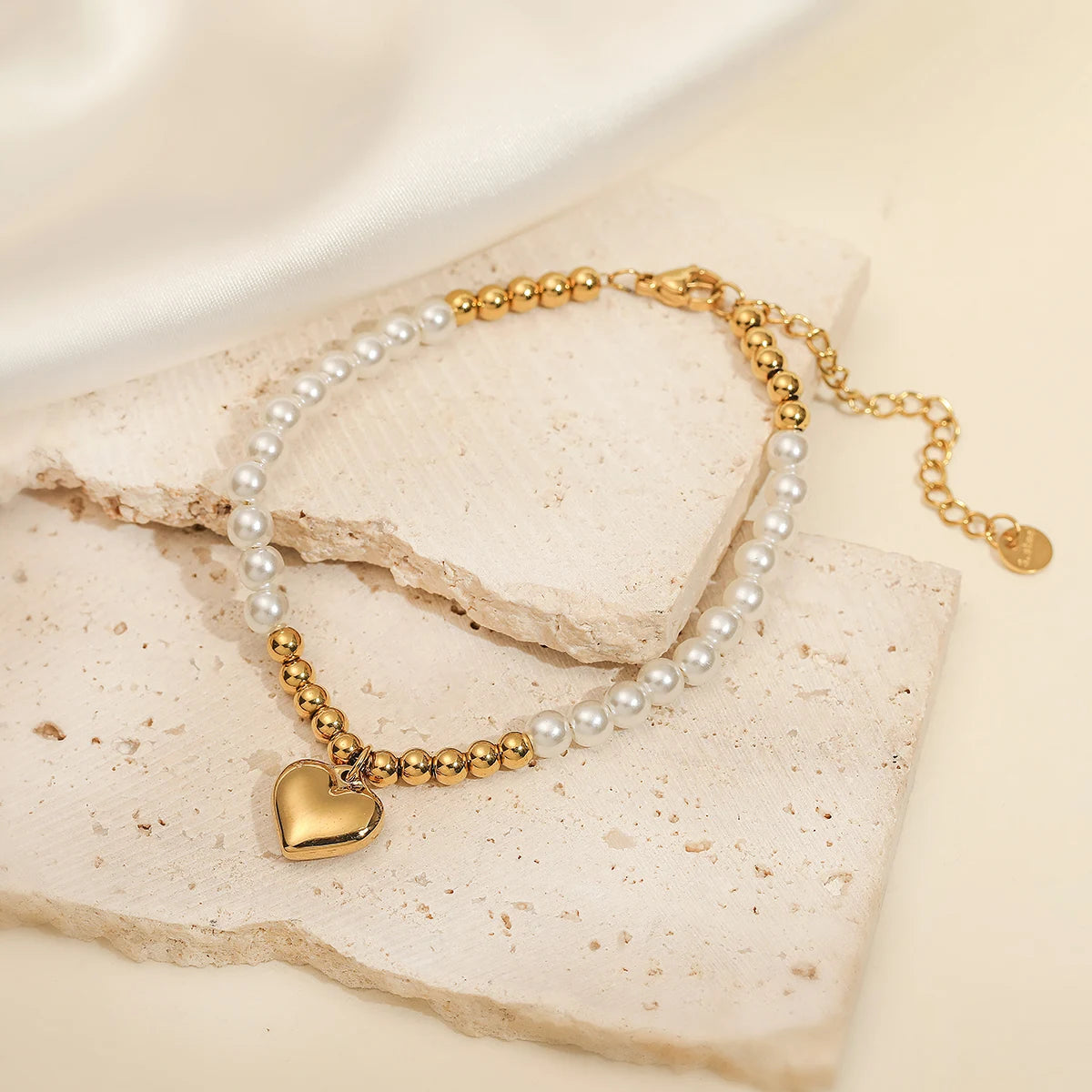 luckacco newbuy high quality non-fading stainless steel jewelry trendy gold color heart pearl charm bracelet for women gift