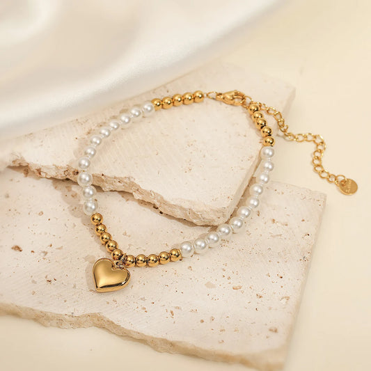 Luckacco NEWBUY High Quality Non-Fading Stainless Steel Jewelry Trendy Gold Color Heart Pearl Charm Bracelet For Women Gift