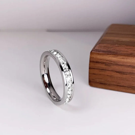 Luckacco Luxury Rose Gold Color Double Row Square Zircon Stainless Steel Ring For Women Romantic Engageme Wedding Party Jewelry Female