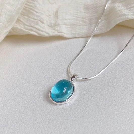 Luckacco 925 Sterling Silver blue Crystal Moonstone Necklace Unique design elliptical natural stone Pendant snake bone chain Gift Jewelry