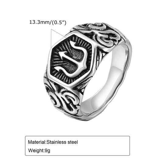 Luckacco 13.3mm Poseidon Trident Ring for Men Ancient Greek New Stainless Steel Amulet Ring Jewelry Gift
