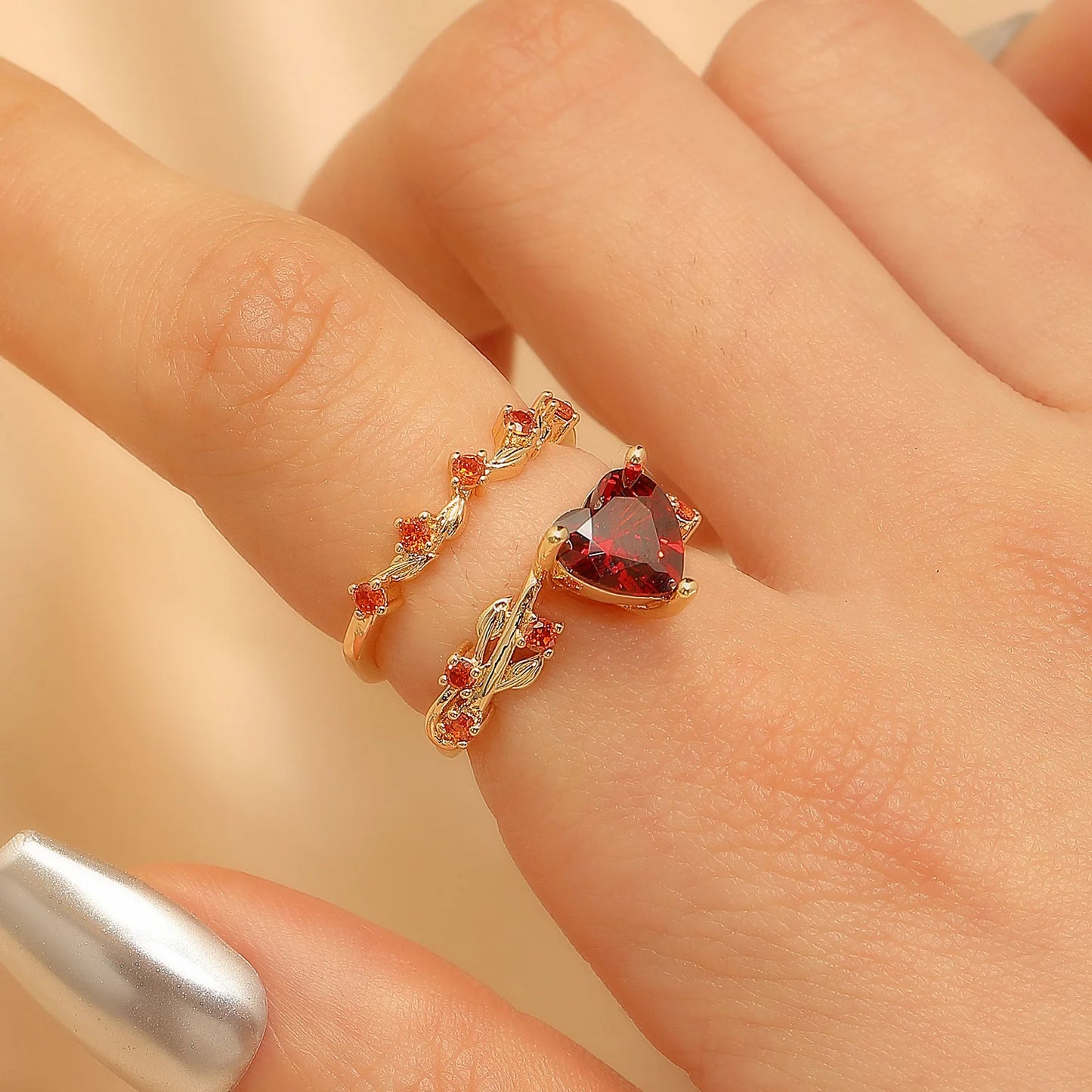 luckacco vintage double crystal heart ring jewelry 2025 trending new fashion zircon heart set rings for women jewellery anel bague gifts