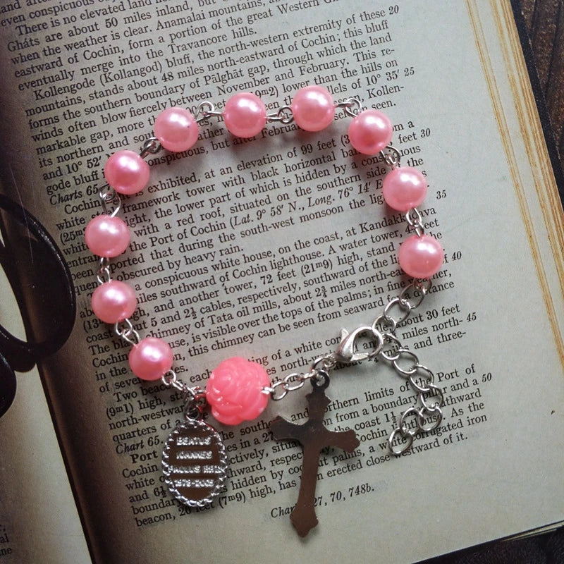 luckacco qigo imitatial pearl bracelets acrylic beads rose cross strand jewelry white pink