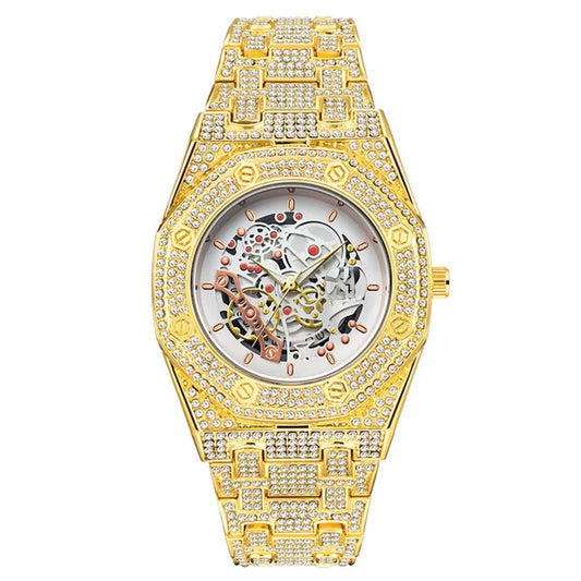 Luckacco Luxury Genuine Brand Watches For Men Hip Hop Diamond Fashion Alloy Band Date Vintage Skeleton Designer Quartz Watch Montre Homme