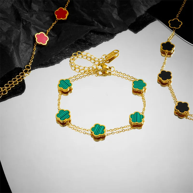 luckacco lucky cute colorful five-leaved flower stainless steel bracelets for women fashion light luxury paty jewelry gifts