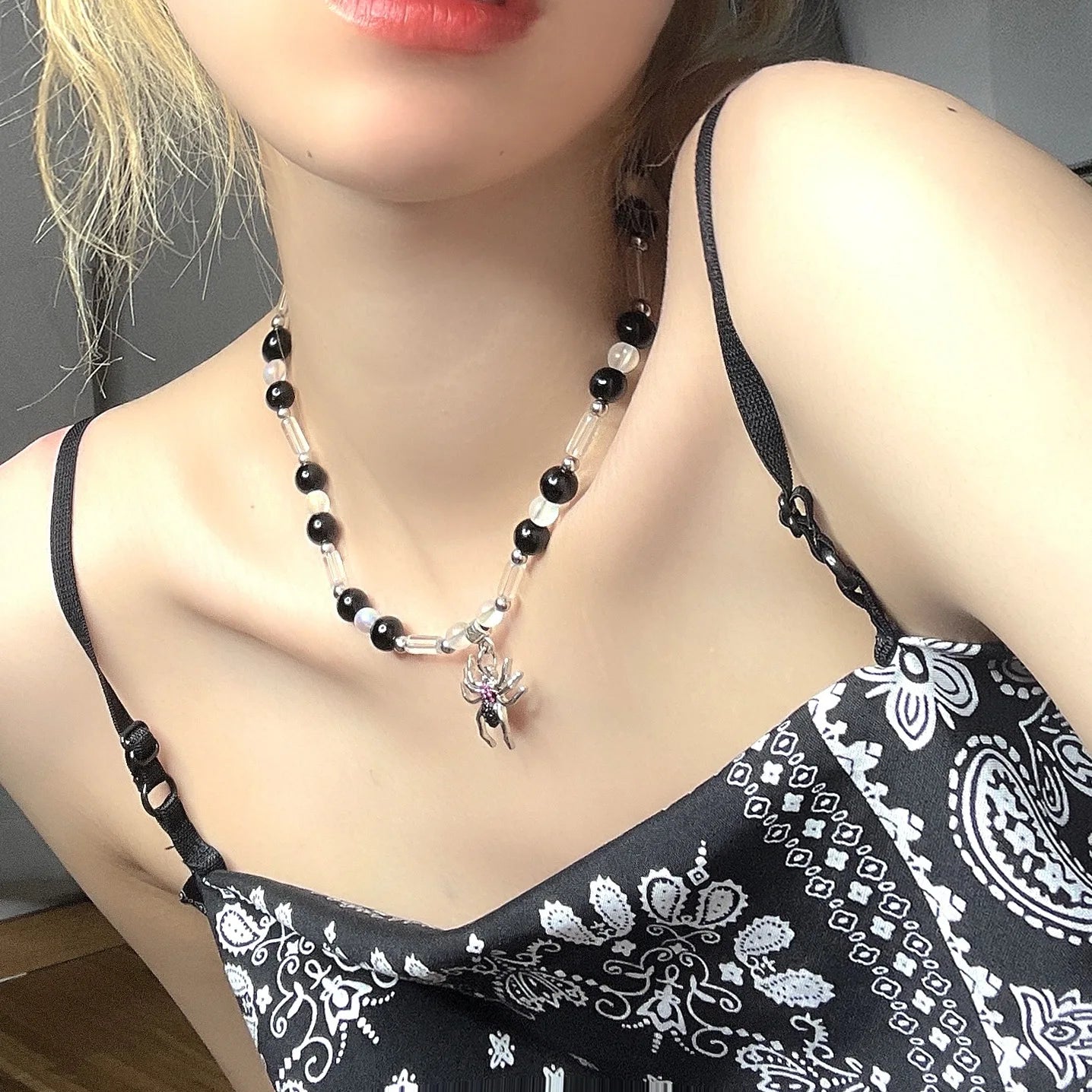 luckacco gothic vintage y2k red glass heart star cross pendant pearl bead necklace for women men aesthetic 90s grunge accessories jewelry