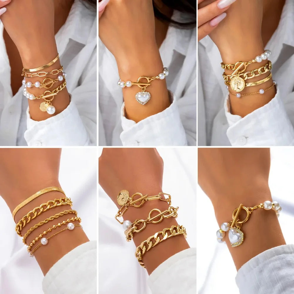 luckacco 4pcs set imitation pearl chain beaded bracelet for women new temperament gold color stainless steel bangle jewelry accessories