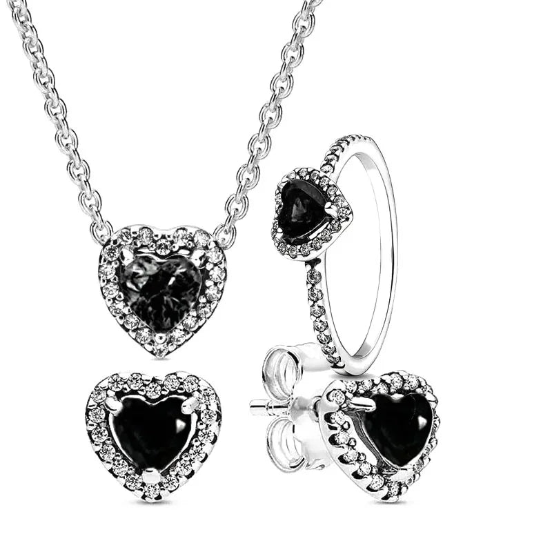 luckacco new 925 sterling silver heart-shaped pink ring necklace earring set luxurious sparkling charm jewelry fashion wedding gift