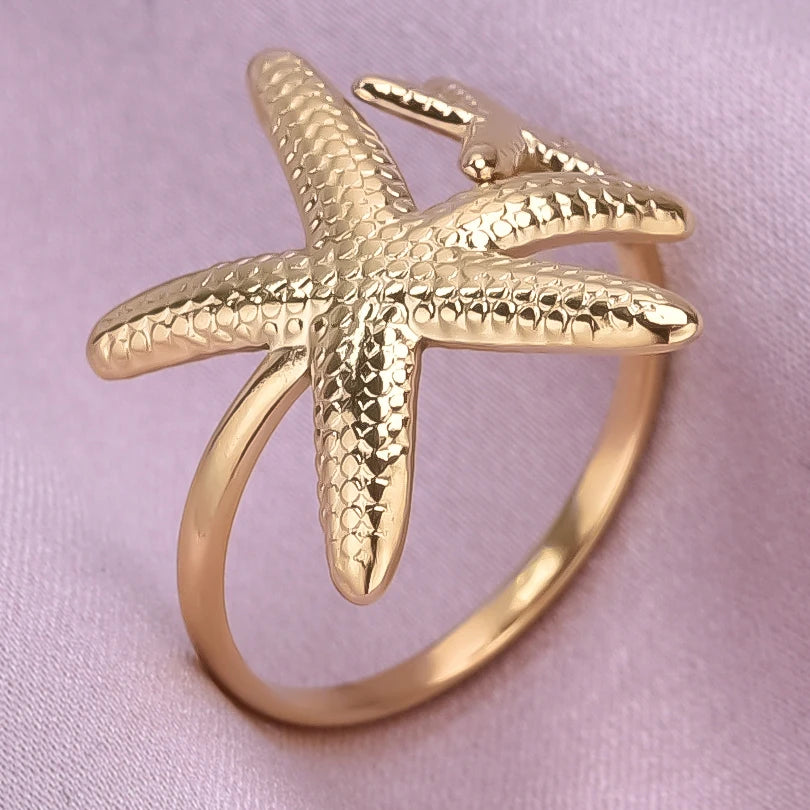 luckacco 1pc stylish marine jewelry ocean sea animals conch starfish shell ring stainless steel jellyfish scallop rings women charm gift