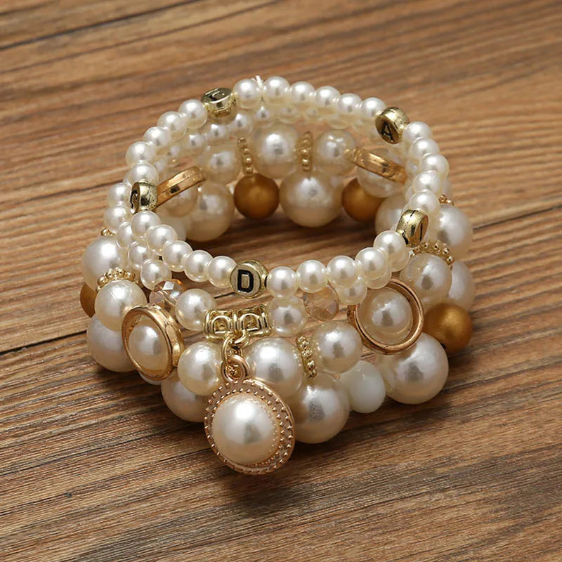 luckacco imitation pearl stretch bead bracelets set for women metal adjustable elastic charms vintage strand girls' fashion jewelry c1306
