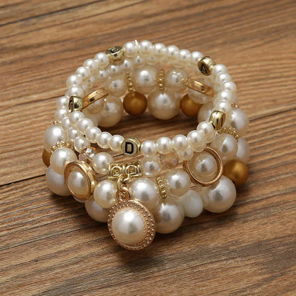 Luckacco Imitation Pearl Stretch Bead Bracelets Set For Women Metal Adjustable Elastic Charms Vintage Strand Girls' Fashion Jewelry C1306