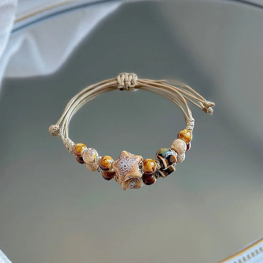 Luckacco Kaseakia Handmade Vintage Ceramic Stone Beads Wax Cord Adjustable Beaded Bracelets Bohemian Boho Jewelry for Women