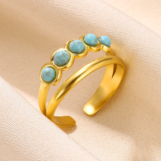 Luckacco Vintage Turquoise Wide Ring for Women Gold Color Stainless Steel Wheat Ear Adjustable Open Ring Fashion Party Jewelry Gift