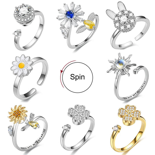 Luckacco Titanium Stainless Steel Ring For Women Rotate Rotating Anxiety Fidget Adjustable Rings Silver Color Jewelry Lovely Flower Bee