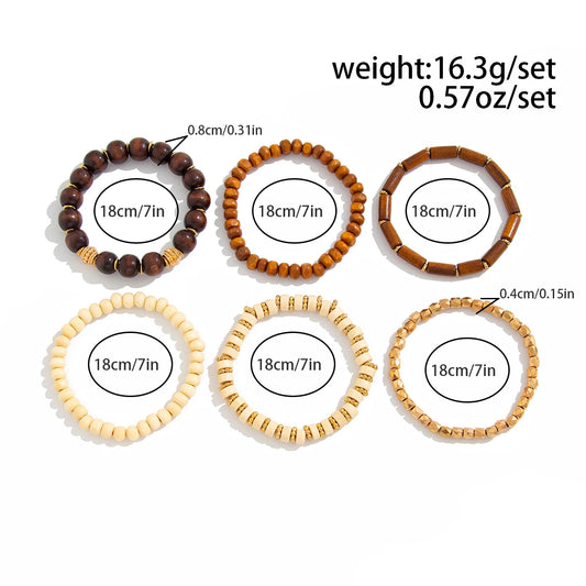 Luckacco Salircon 6Pcs/Set Boho Vintage Geometric Wooden Beads Chain Bracelet Set for Women Men Retro Ethnic Elastic Bracelet Jewelry
