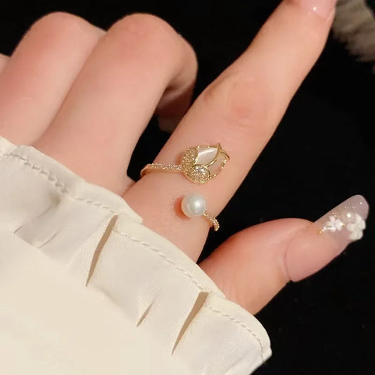 Luckacco Korean Trend Tulip Flower Imitation Pearl Rings for Women Elegant Simple Adjustable Opening Finger Ring Party Wedding Jewelry