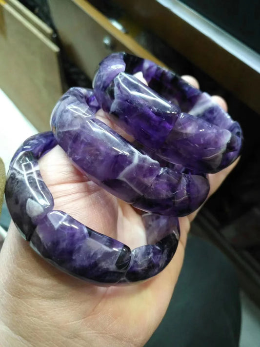 Luckacco Natural Amethyst Stone Beads Bracelet Natural Energy Stone Bangle Gemstone Jewelry for Woman Birthstone for Aquarius for Gift