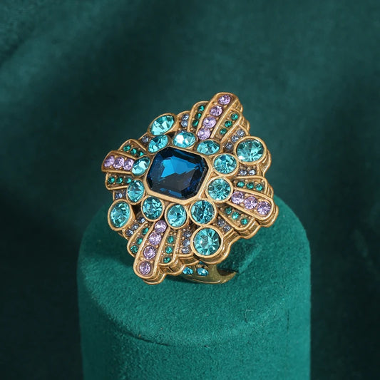 Luckacco Vintage Wedding Rings for Women Round Blue Natural Oval Green Crystal Horse Eye Shape Glass Retro Pattern Gold Color Jewelry